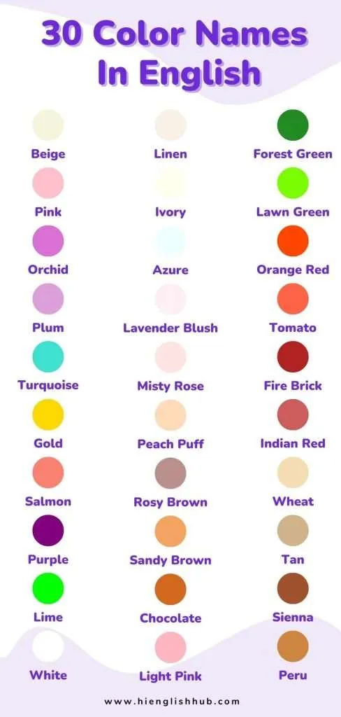 30 colors name in English