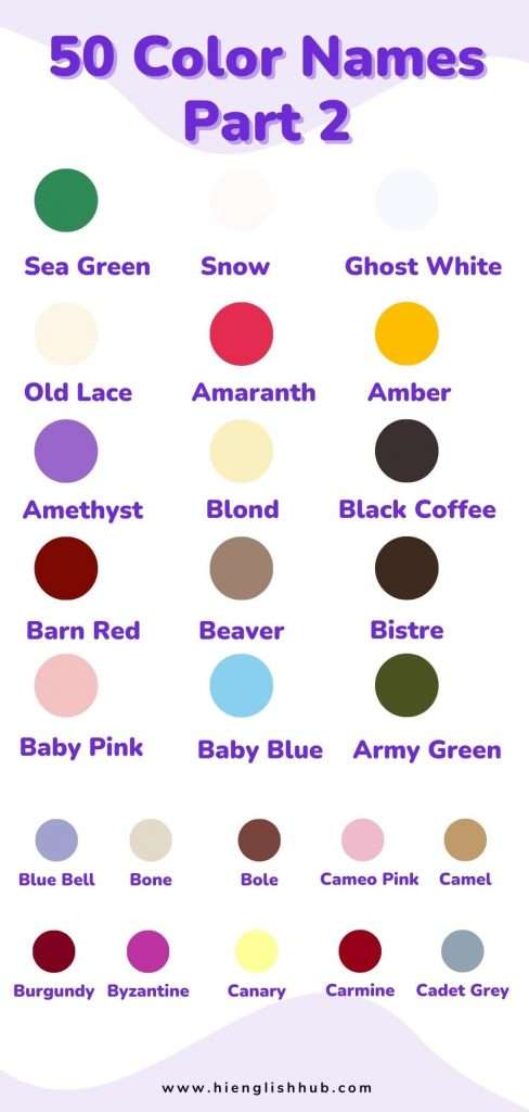 50 colors name in English