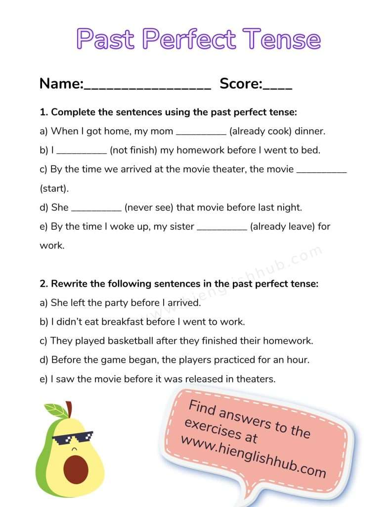 Past perfect tense worksheet with answers