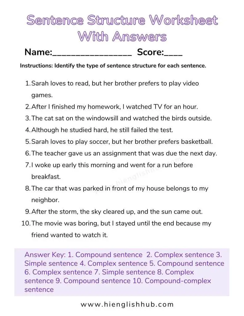 Sentence structure worksheets