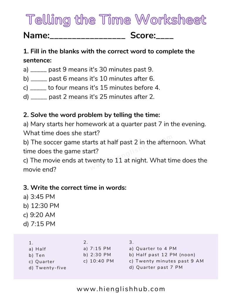 Telling time in English worksheet