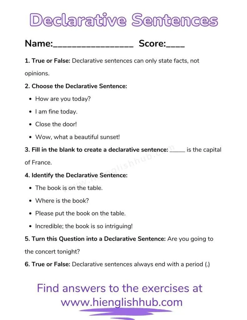 Declarative sentences quiz