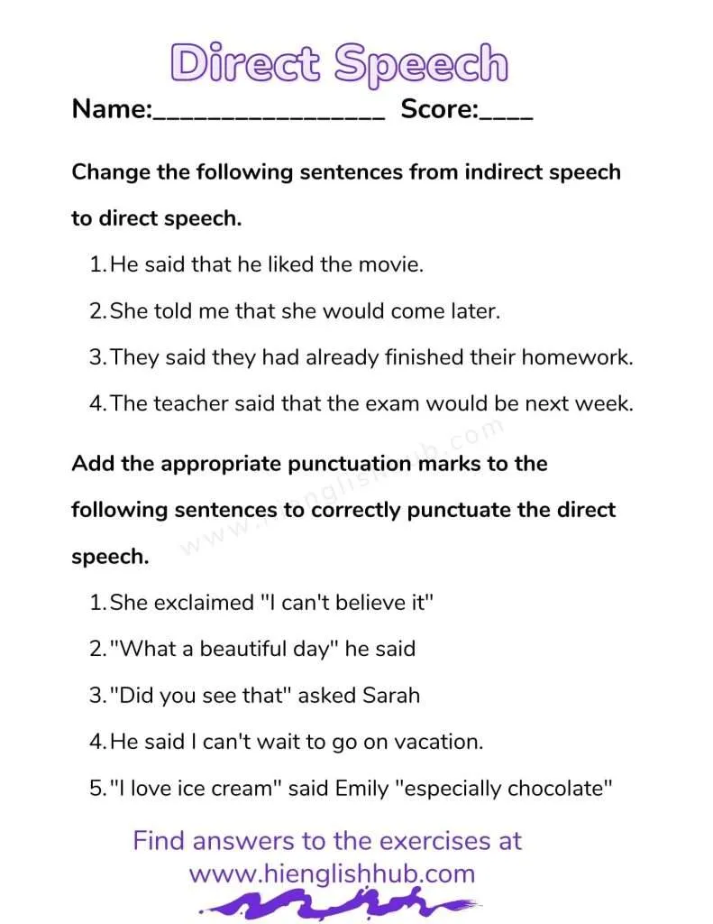 Direct speech worksheet