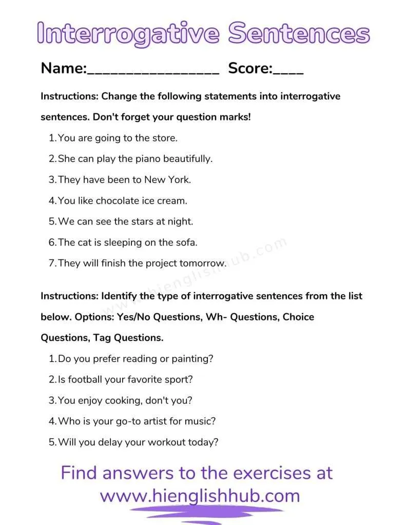 Interrogative sentence worksheet